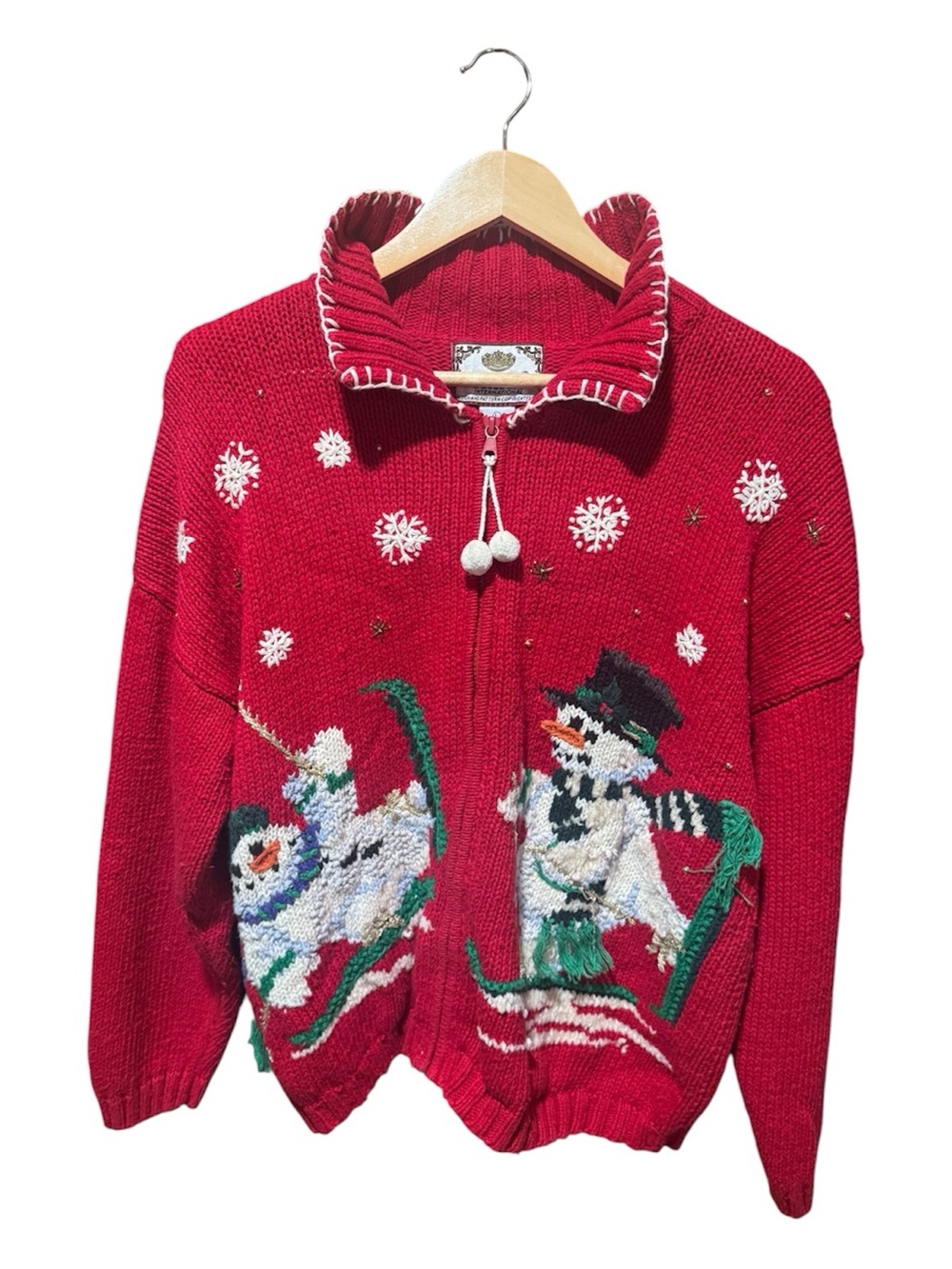 TIARA (Large) Vintage 1997 Women’s Snowman Christmas Holiday Sweater Red Zip Up